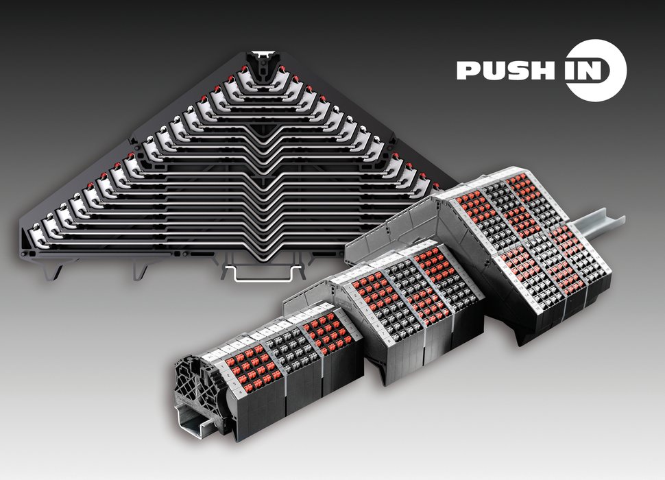 Weidmüller's marshalling and power distribution terminal blocks PRV and PPV equipped with  PUSH IN  connectivity. –Innovative, benchmark setting 16-way PRV multi-tier terminals distribute more than 1700 signals per meter. – Designed to marshal and distribute signals in power station plant and process engineering applications. – Touch safe thanks to  PUSH IN  connection technology.